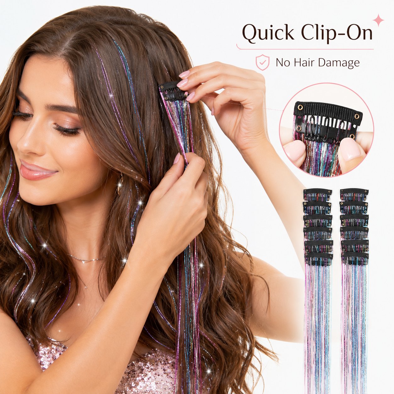 24 Inch Clip-On Glitter Hair Tinsel Extensions 6 Pcs Set